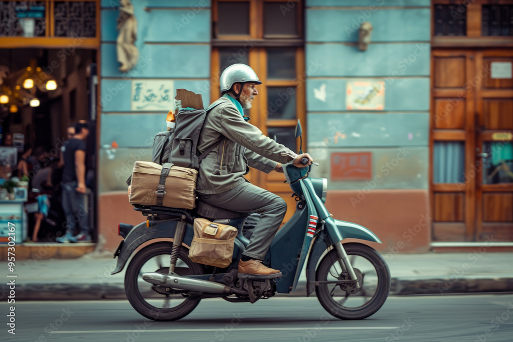 Delivery man riding scooter with packages attached on city street Delivery man riding scooter with packages attached on city street