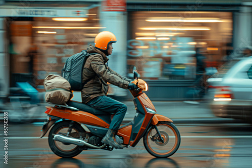 Delivery man riding scooter with packages attached on city street with motion blur