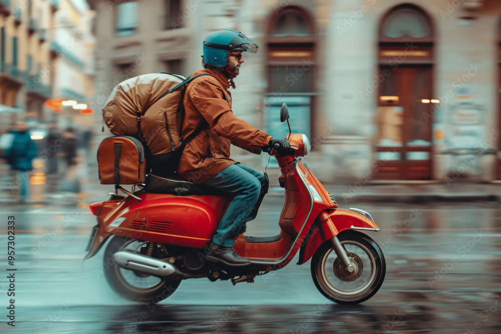 Delivery man riding scooter on busy city street Delivery man riding scooter on busy city street