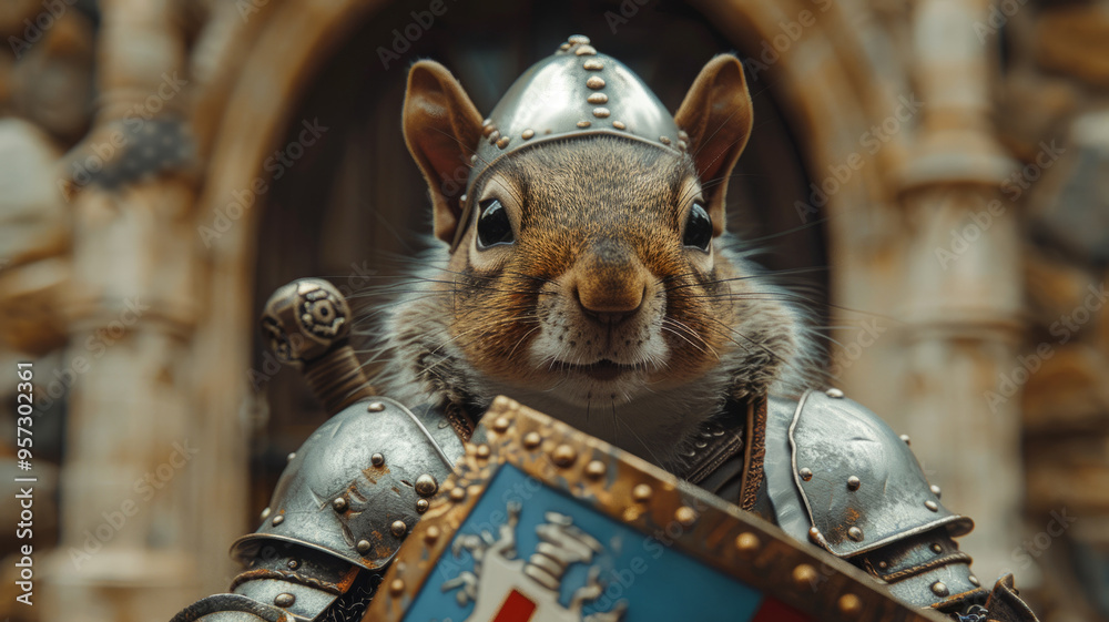 Squirrel in knight armor standing in front of a castle. Stock ...