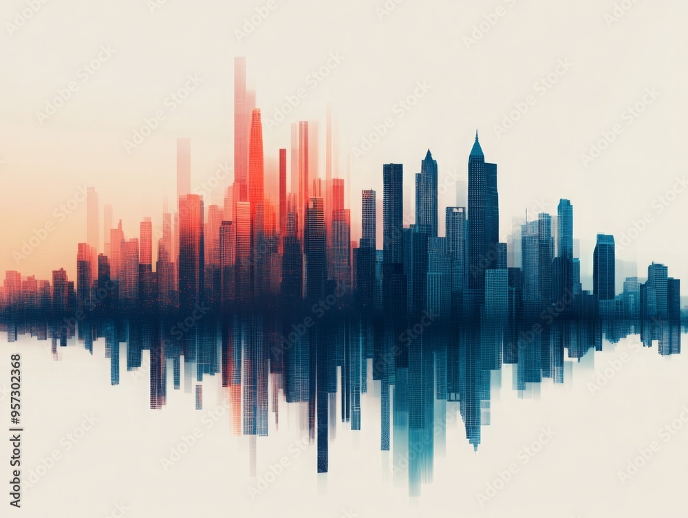 A blurred, abstract cityscape featuring a gradient of warm and cool tones with a mirrored reflection on a light background A blurred, abstract cityscape featuring a gradient of warm and cool tones with a mirrored reflection on a light background