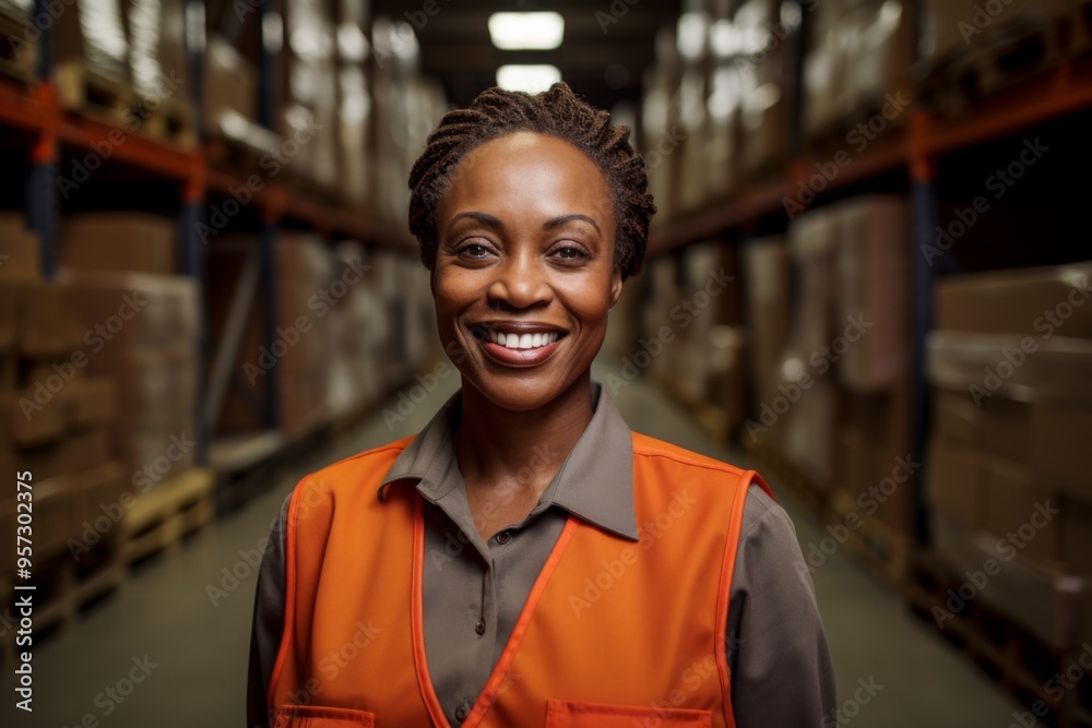 Portrait of a smiling middle aged female warehouse worker Portrait of a smiling middle aged female warehouse worker