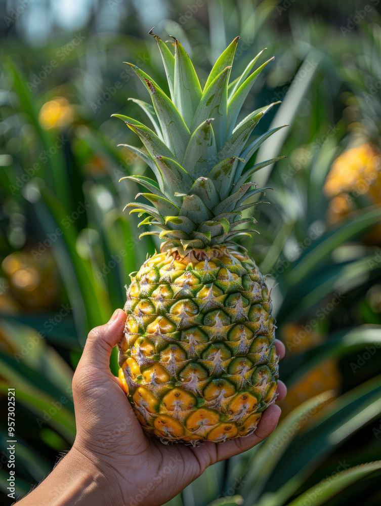Hand holding a ripe pineapple in a tropical garden Hand holding a ripe pineapple in a tropical garden