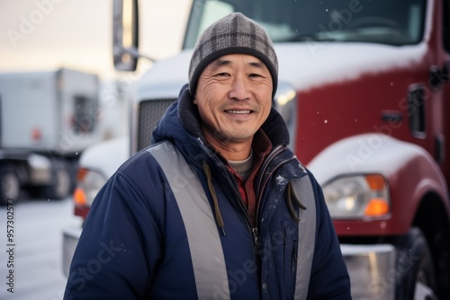 Portrait of a middle aged Asian male truck driver in front of truck during winter