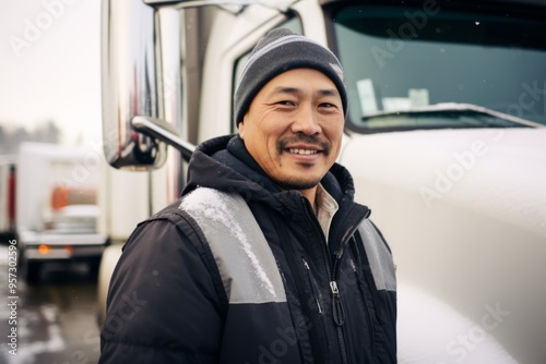 Portrait of a middle aged Asian male truck driver in front of truck during winter