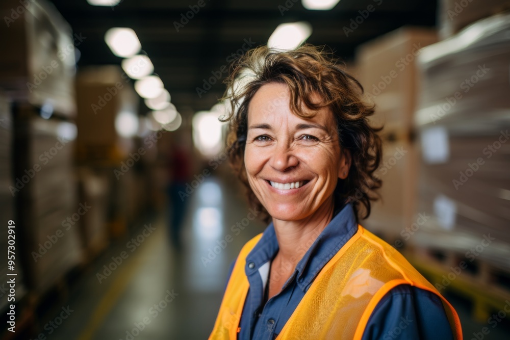 Portrait of a smiling middle aged female warehouse worker Portrait of a smiling middle aged female warehouse worker