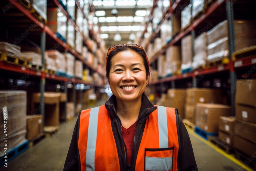 Portrait of a smiling middle aged female warehouse worker Portrait of a smiling middle aged female warehouse worker