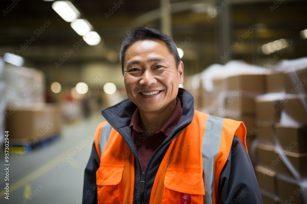 Fototapeta premium Portrait of a smiling middle aged female warehouse worker