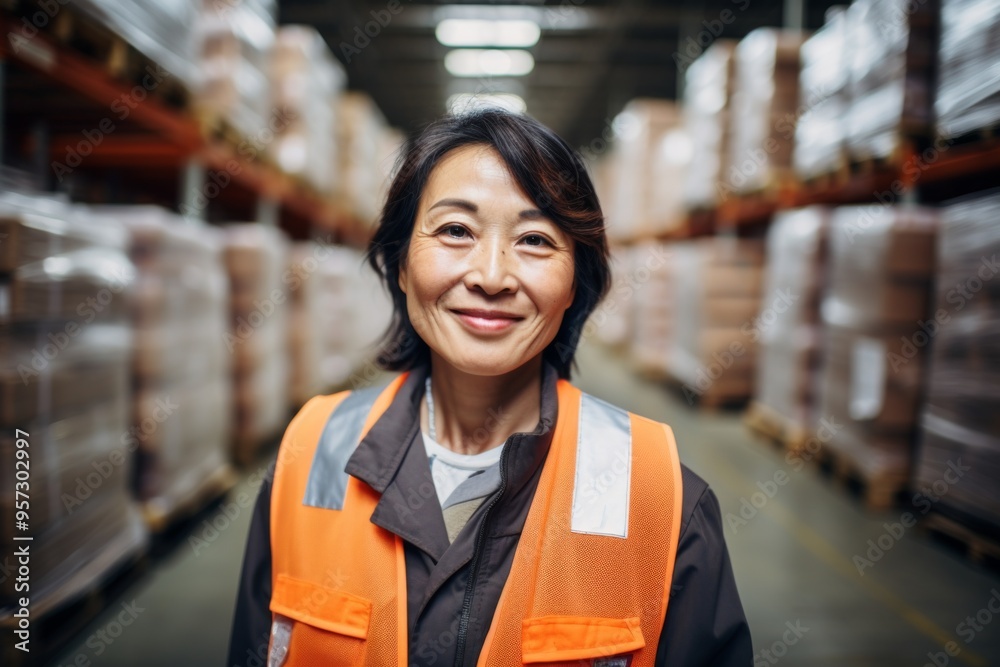 Portrait of a smiling middle aged female warehouse worker Portrait of a smiling middle aged female warehouse worker