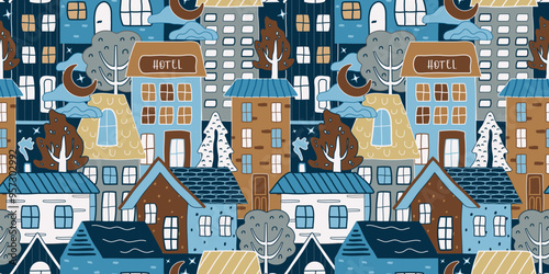 European winter houses, trees, with a seamless hand-drawn pattern. cute, childish, trend background. flat, cartoon, urban style. for print, paper, banner. art vector illustration.