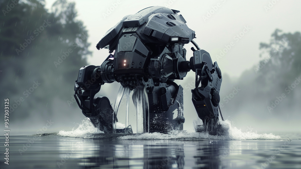 A heavily armored mech suit emerging from the depths of a mist-covered lake, water cascading off its metallic surface. A heavily armored mech suit emerging from the depths of a mist-covered lake, water cascading off its metallic surface.