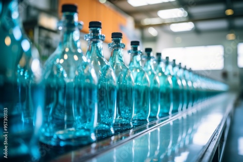 Line of plastic bottles on assembly line