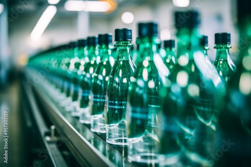 Line of plastic bottles on assembly line