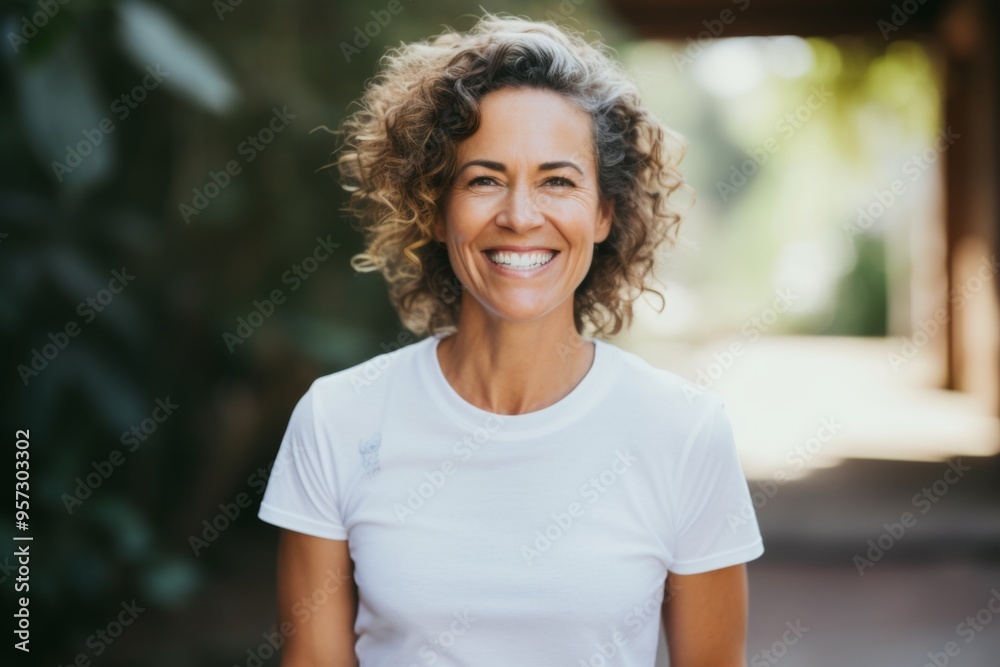 Smiling happy middle aged Caucasian woman wearing white t shirt outdoors Smiling happy middle aged Caucasian woman wearing white t shirt outdoors