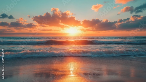 A serene ocean sunset with vibrant colors reflecting on the water, as gentle waves roll onto the sandy shore under a dramatic sky