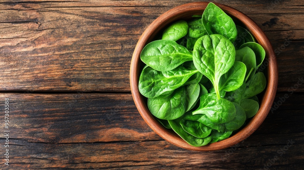Fresh Spinach Leaves in Rustic Bowl Fresh Spinach Leaves in Rustic Bowl