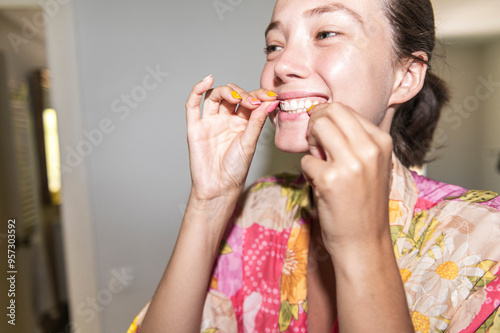 Woman using dental floss, lo-fi, direct flash photo