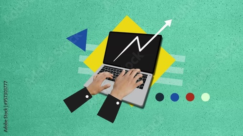photo collage, cinemagraph, 2.5D, Stop motion, animation hand typing on laptop keyboard, Vintage, retro, cartoon, vector
