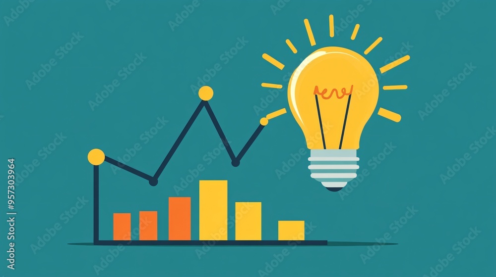 Light bulb shining over a graph, idea and business growth, flat design illustration Light bulb shining over a graph, idea and business growth, flat design illustration