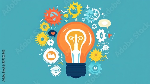 Light bulb with gears turning, ideas leading to growth, flat design illustration