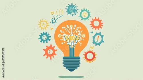 Light bulb with gears turning, ideas leading to growth, flat design illustration
