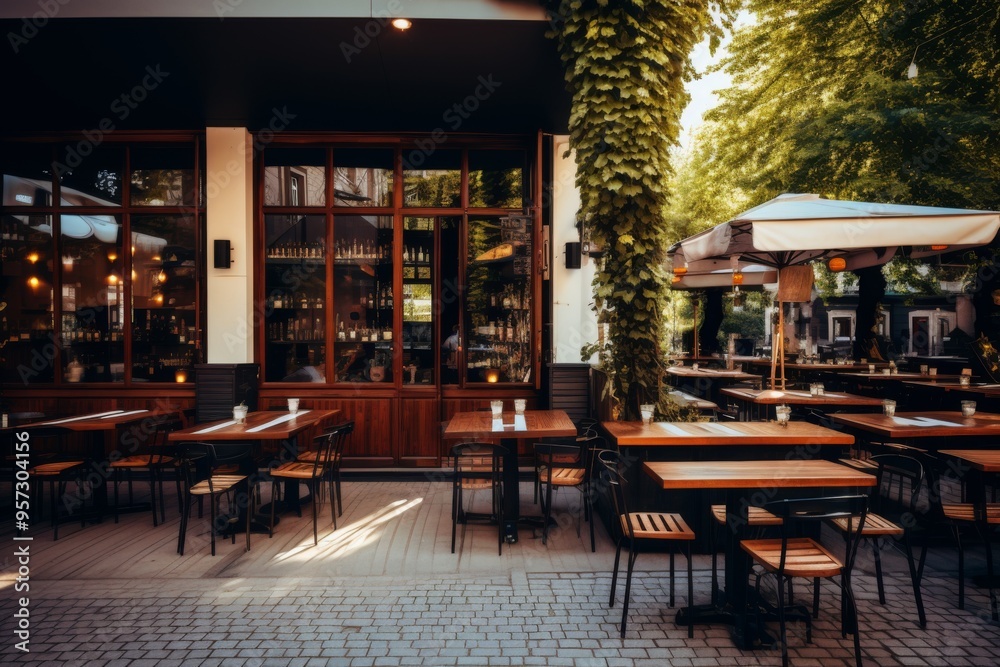 Obraz premium Exterior of a restaurant with wooden tables