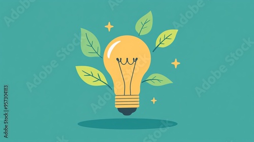 Light bulb with leaves, sustainable growth and ideas, flat design illustration