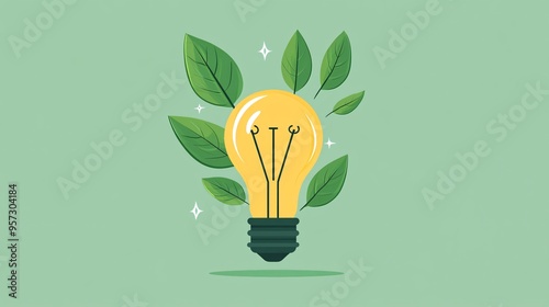 Light bulb with leaves, sustainable growth and ideas, flat design illustration