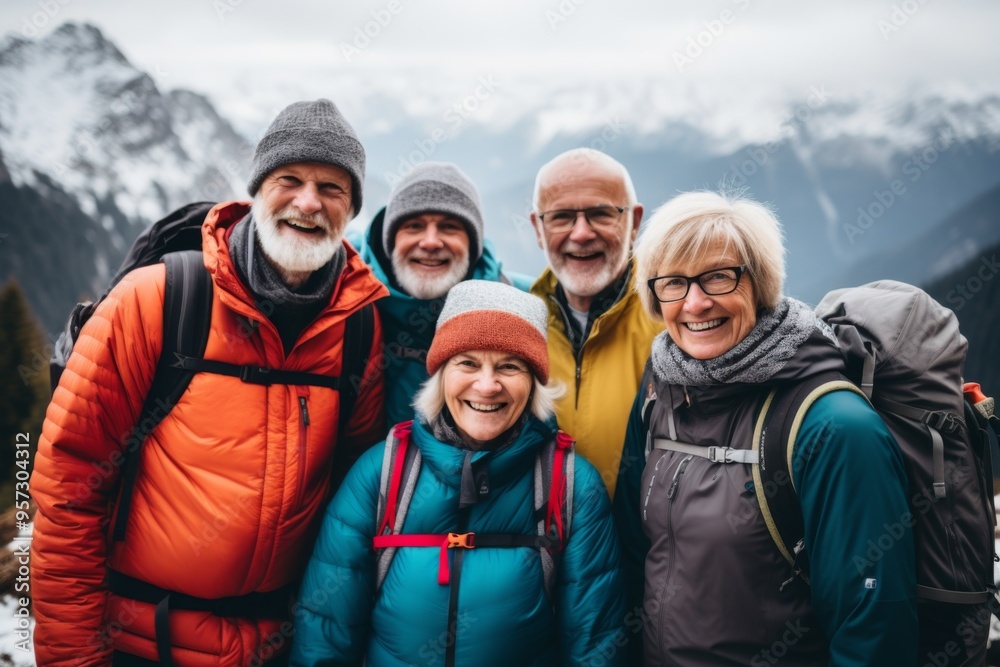 Group portrait of diverse senior friends on mountain hike Group portrait of diverse senior friends on mountain hike