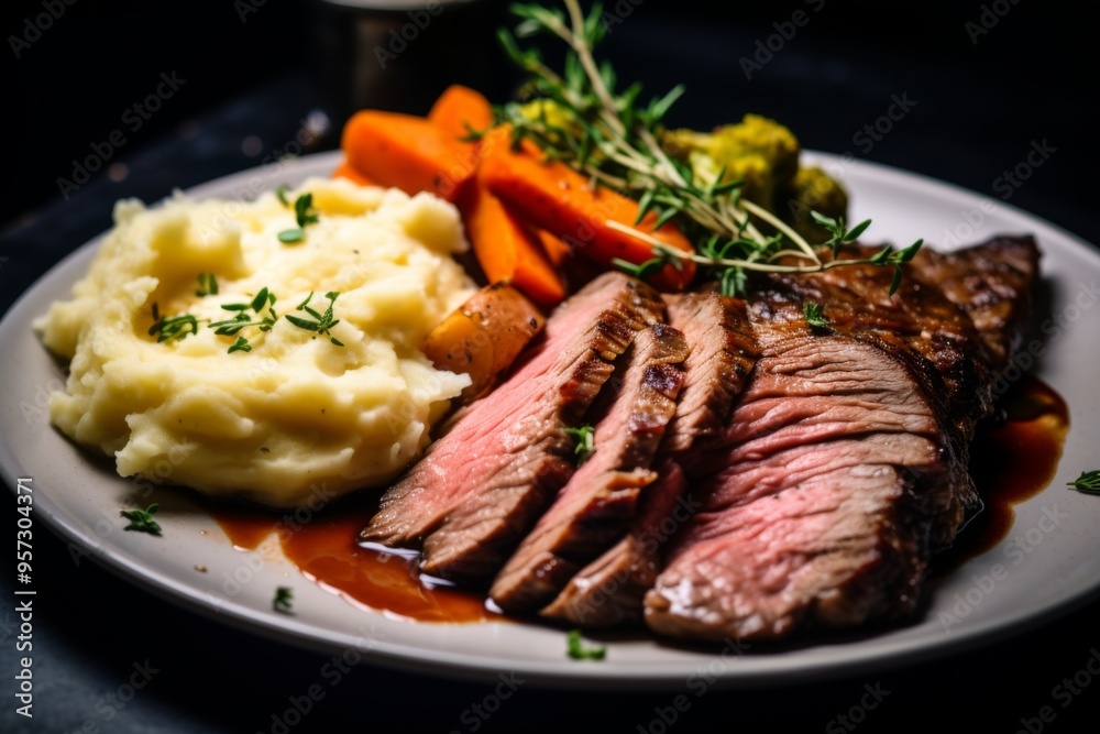 Close up of sliced roast beef with vegetables Close up of sliced roast beef with vegetables