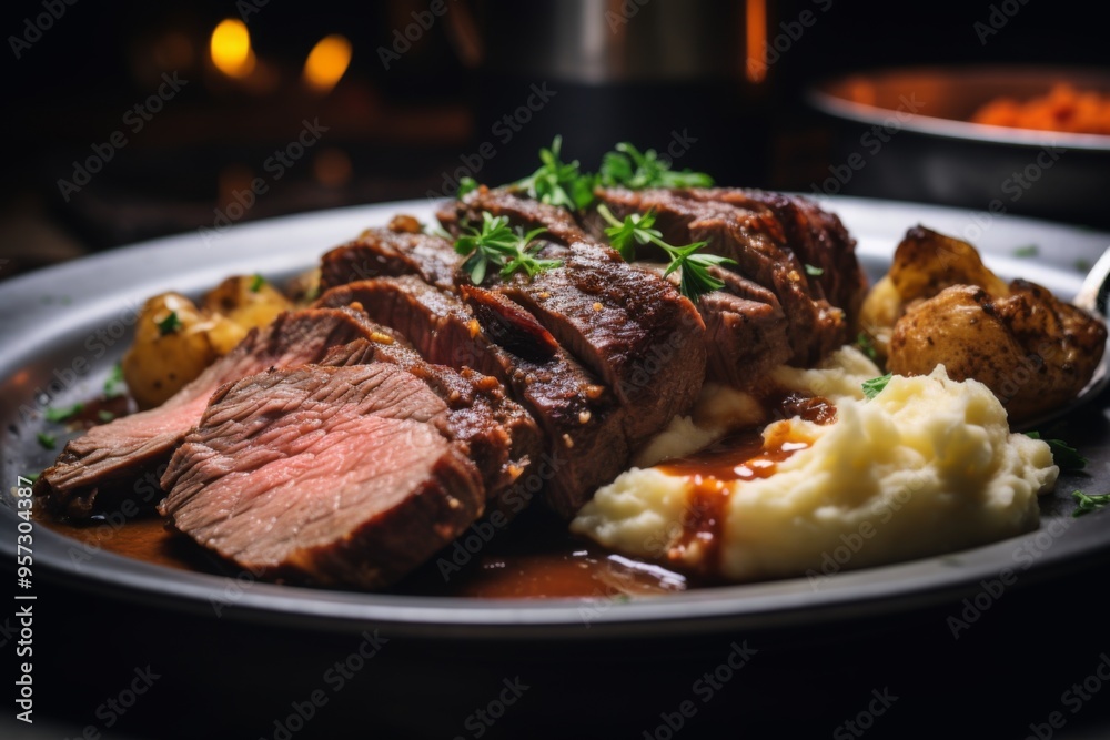 Close up of sliced roast beef with vegetables Close up of sliced roast beef with vegetables