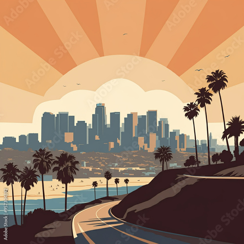 Hollywood, California Skyline Los Angeles Urban Landscape. City scape, City of Angels. Malibu Beach, Sunset Strip, 60's style silhouette graphic illustration.