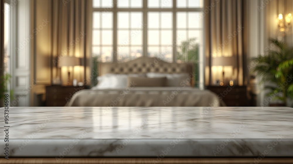 Fototapeta premium Elegant bedroom interior featuring a marble countertop with a luxurious bed and bright windows in the background.