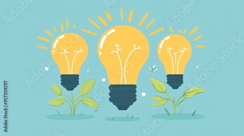 Light bulb with rays and sprouting seeds, insight and natural growth, flat design illustration