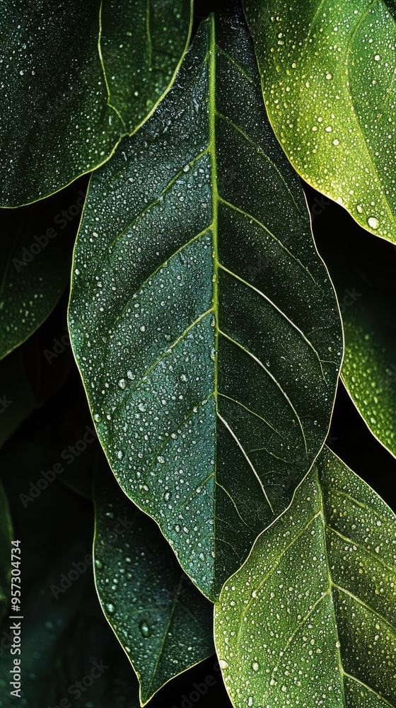 Fototapeta premium Close-up of green leaves with water droplets, vibrant and fresh, showcasing nature’s texture and beauty