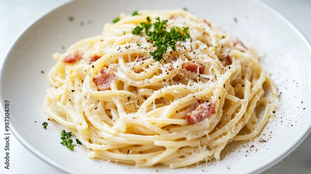 A delicious plate of spaghetti carbonara with creamy sauce and crispy pancetta, elegantly presented on a white background, highlighting the classic Italian dish. A delicious plate of spaghetti carbonara with creamy sauce and crispy pancetta, elegantly presented on a white background, highlighting the classic Italian dish.