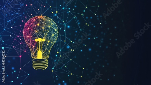 Light bulb with connected dots, insight and interconnected growth, flat design illustration