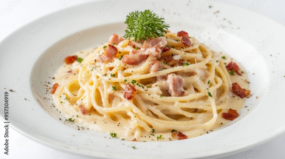 A delicious plate of spaghetti carbonara with creamy sauce and crispy pancetta, elegantly presented on a white background, highlighting the classic Italian dish. A delicious plate of spaghetti carbonara with creamy sauce and crispy pancetta, elegantly presented on a white background, highlighting the classic Italian dish.