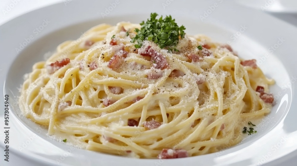A delicious plate of spaghetti carbonara with creamy sauce and crispy pancetta, elegantly presented on a white background, highlighting the classic Italian dish. A delicious plate of spaghetti carbonara with creamy sauce and crispy pancetta, elegantly presented on a white background, highlighting the classic Italian dish.