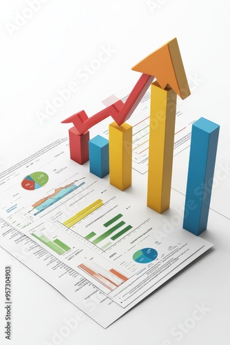 3D bar chart with upward arrow showing business growth on printed financial report