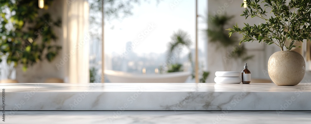 A modern, elegant countertop with a marble finish and soft natural light illuminating a serene indoor space with greenery. A modern, elegant countertop with a marble finish and soft natural light illuminating a serene indoor space with greenery.