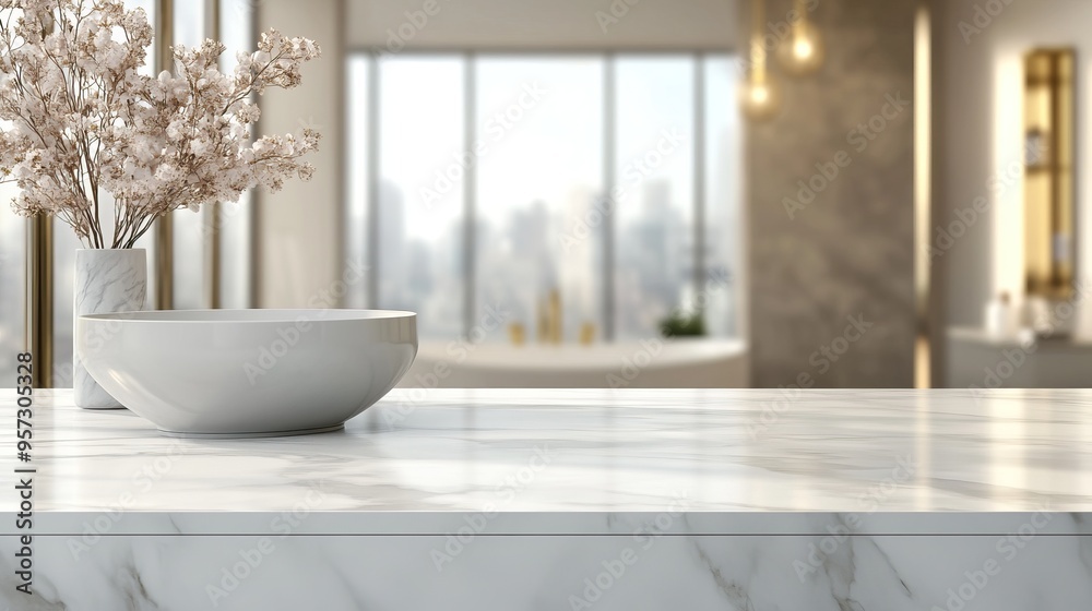 Elegant marble countertop with minimalist decor featuring a bowl and a bouquet, perfect for modern interior design inspiration. Elegant marble countertop with minimalist decor featuring a bowl and a bouquet, perfect for modern interior design inspiration.