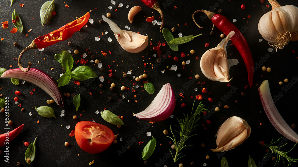 Fresh vegetables and spices dynamically suspended in mid-air with spices scattering. Fresh vegetables and spices dynamically suspended in mid-air with spices scattering.