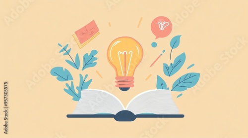 Light bulb with a book, knowledge and ideas fueling growth, flat design illustration