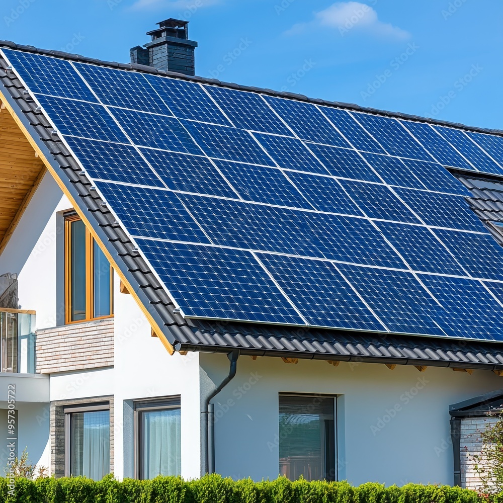 Modern House with Solar Panels on Roof. Alternative Energy, Clean Energy, Green Living. Modern House with Solar Panels on Roof. Alternative Energy, Clean Energy, Green Living.