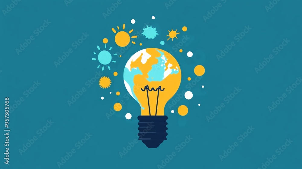 Light bulb with a globe, global impact of ideas on growth, flat design illustration Light bulb with a globe, global impact of ideas on growth, flat design illustration