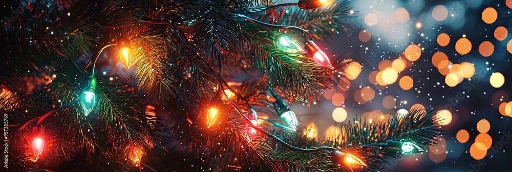 Φωτογραφία Vibrant and colorful Christmas lights decorate a pine branch, creating a festive and warm atmosphere with a beautiful bokeh effect in the background