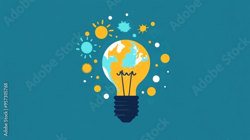 Light bulb with a globe, global impact of ideas on growth, flat design illustration