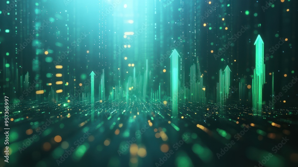 A visualization of stock market growth, with green arrows and upward trends A visualization of stock market growth, with green arrows and upward trends