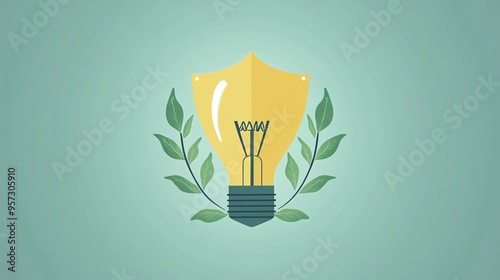 Light bulb with a shield, protecting and nurturing growth through ideas, flat design illustration